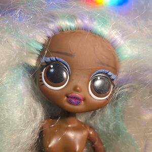 032626 Lol Surprise OMG Nude Doll Curly White, Purple And Green Long Hair. Missi